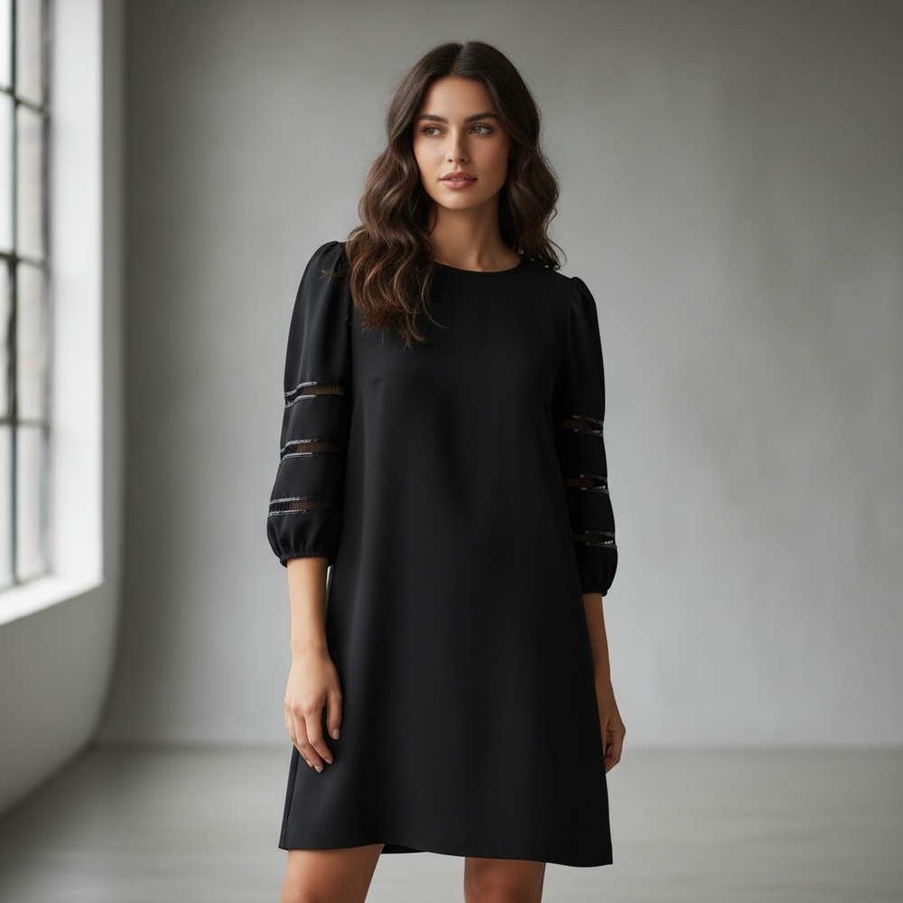 See By Chloe Opaque Brown Ladder Stitch Puff Sleeve Shift Dress Size 36 US 4